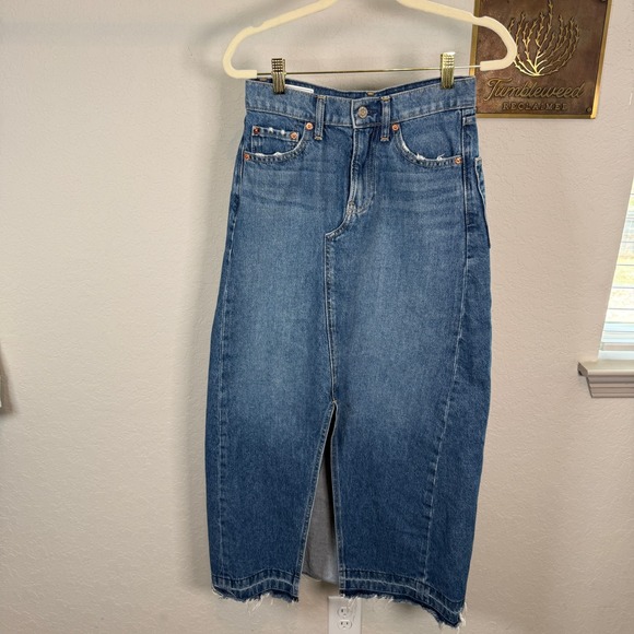 GAP Dresses & Skirts - Gap Womens Medium Wash High Rise Denim Midi Skirt Raw Hem Front Slit Size 24 00